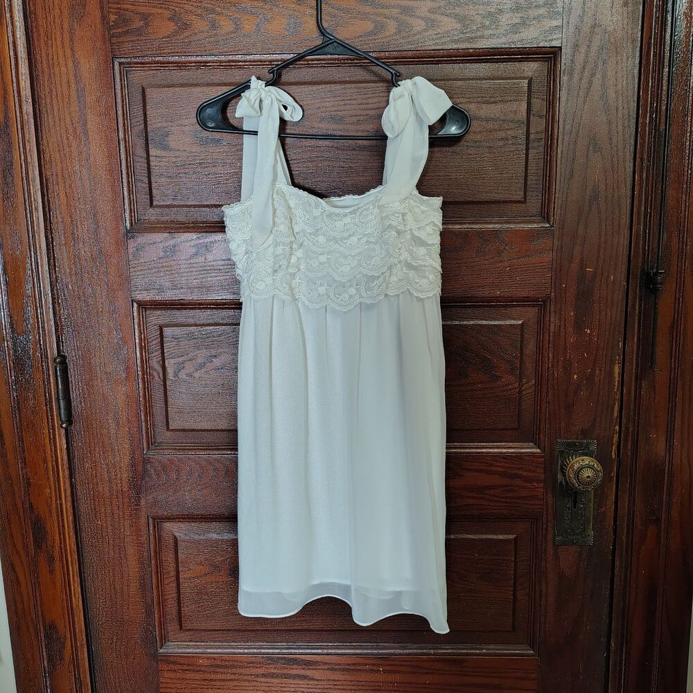 Coquette Babydoll Mini Sheer White Lace Dress Bow Tie Straps Wmns S